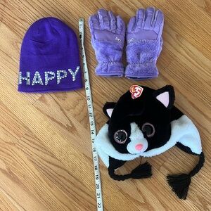 Bundle Lot / pair of Snow winter kids gloves, hat, TY Pepper the cat hat